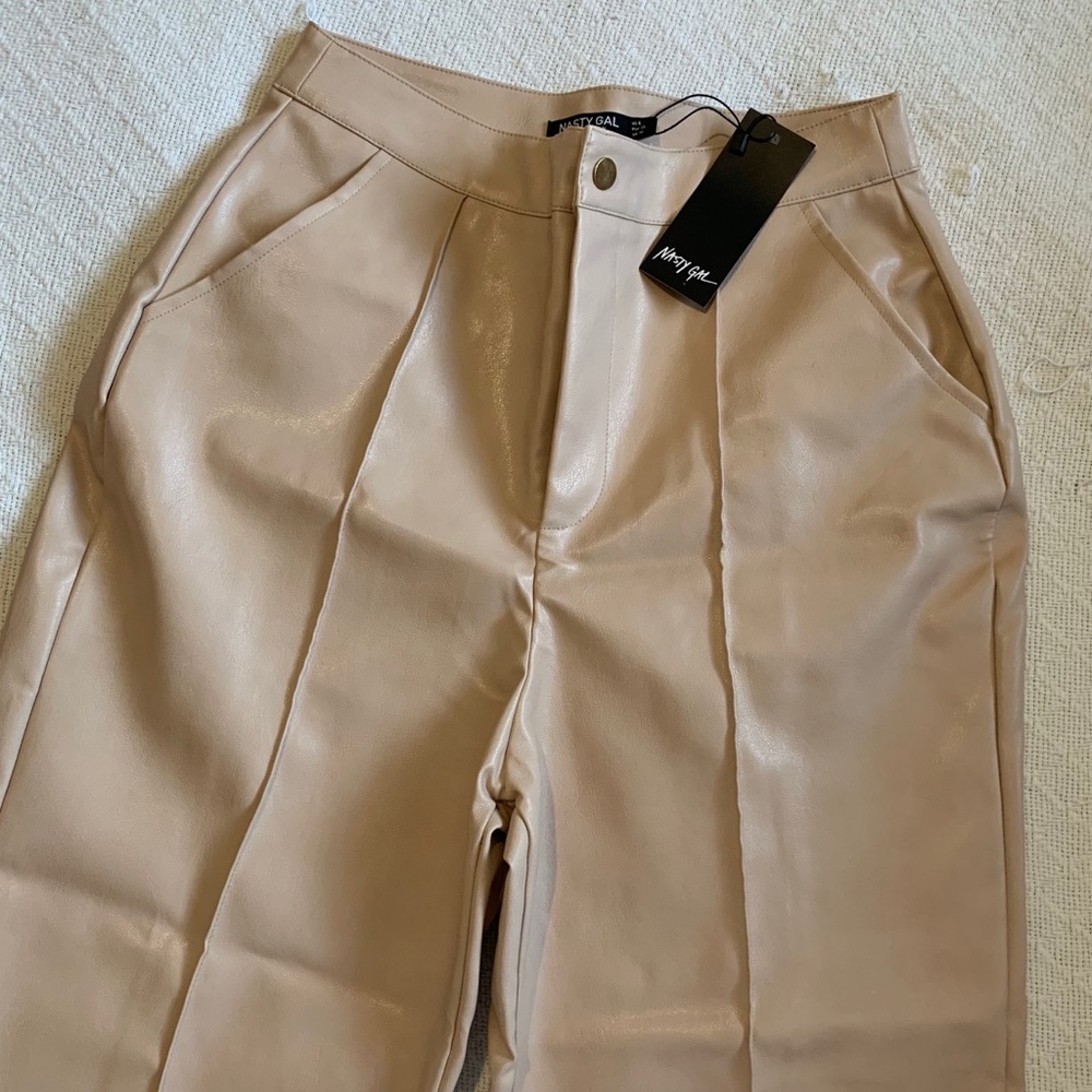 High Waisted Faux Leather Cream Joggers